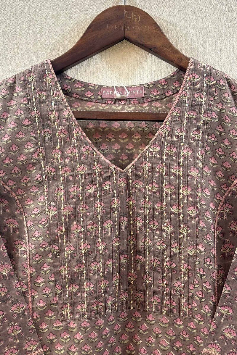 Brown Hand Block-Printed Kurta