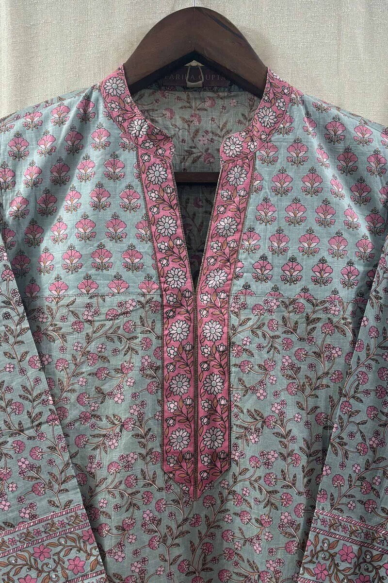 Blue Hand Screen-Printed Straight Kurta