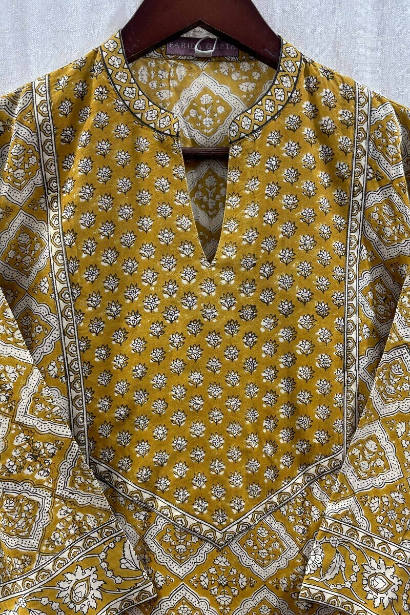 Mustard Hand Block-Printed Viscose Kurta