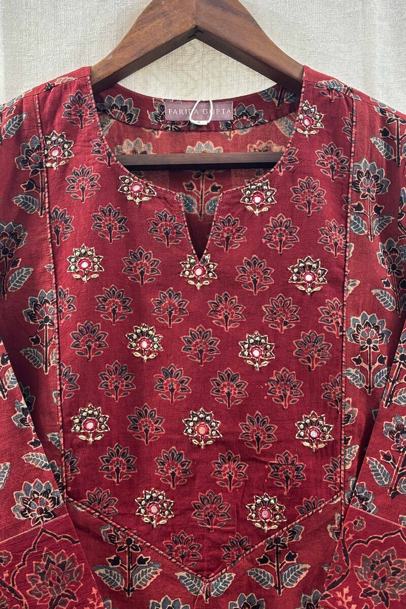 Red Hand Block-Printed Kurta for Women