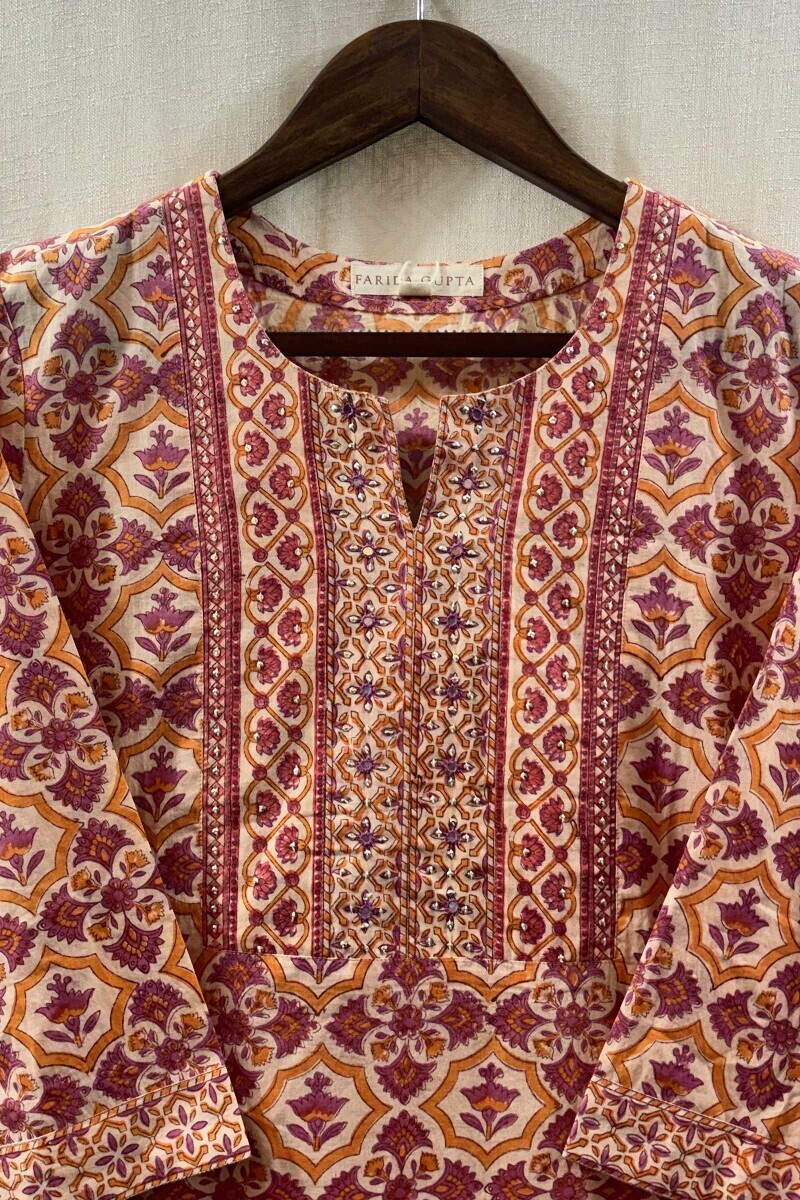 Cream Hand Block-Printed Kurta