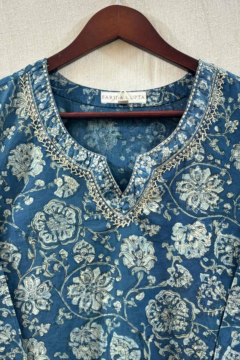Blue Hand Block-Printed Kurta for Women