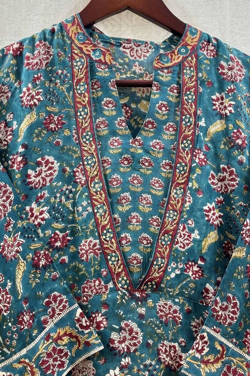 Teal Hand Block-Printed A Line Kurta