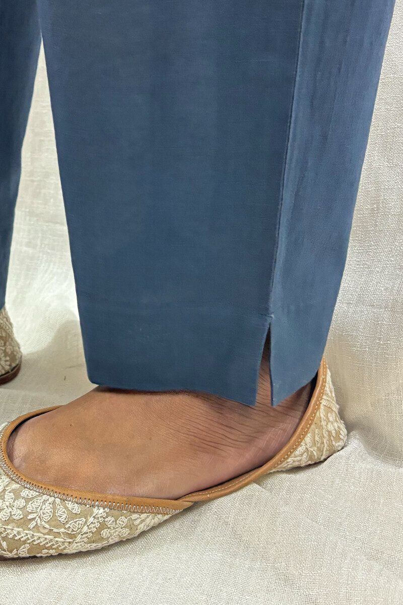 Blue Handcrafted Cotton Slub Narrow Pants