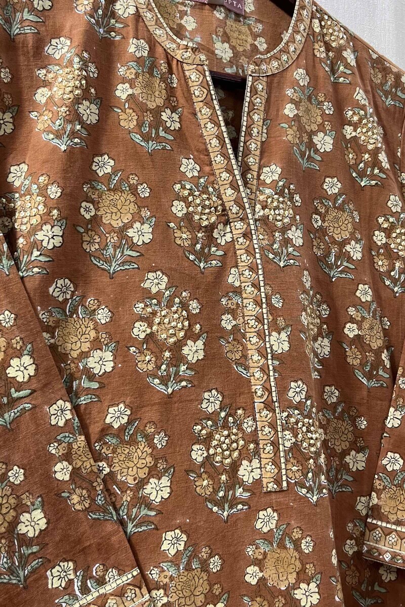 Brown Hand Block-Printed Kurta