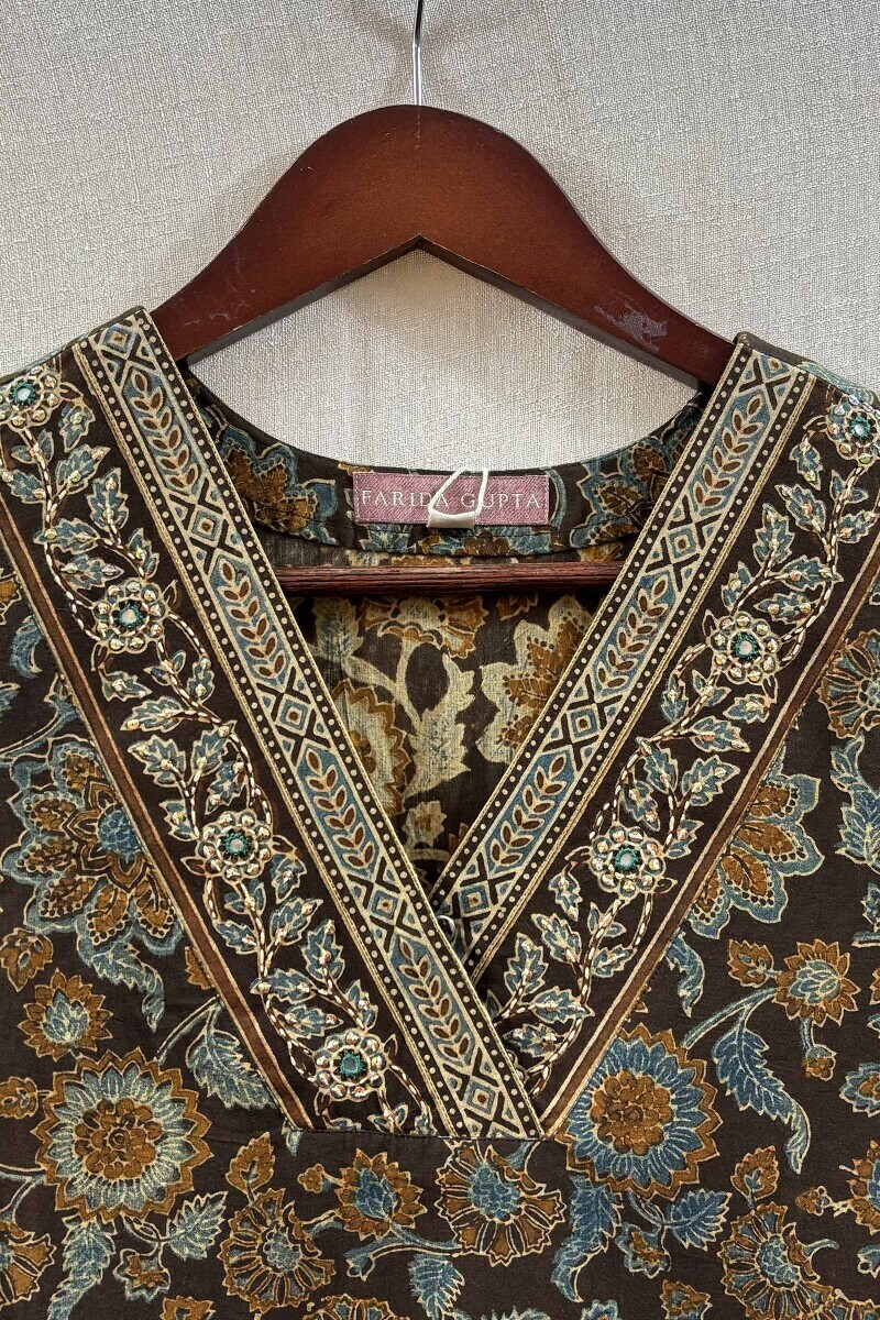 Brown Hand Block-Printed Kurta