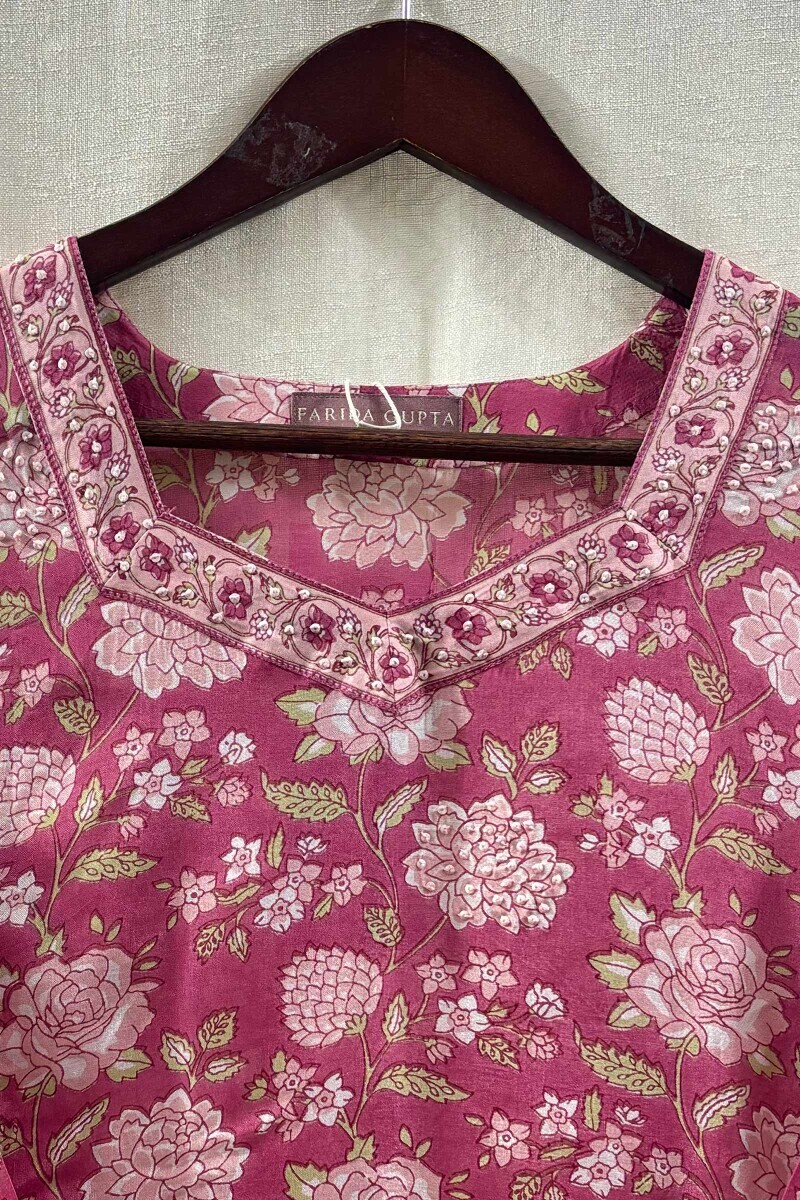 Pink Hand Printed Straight Viscose Kurta