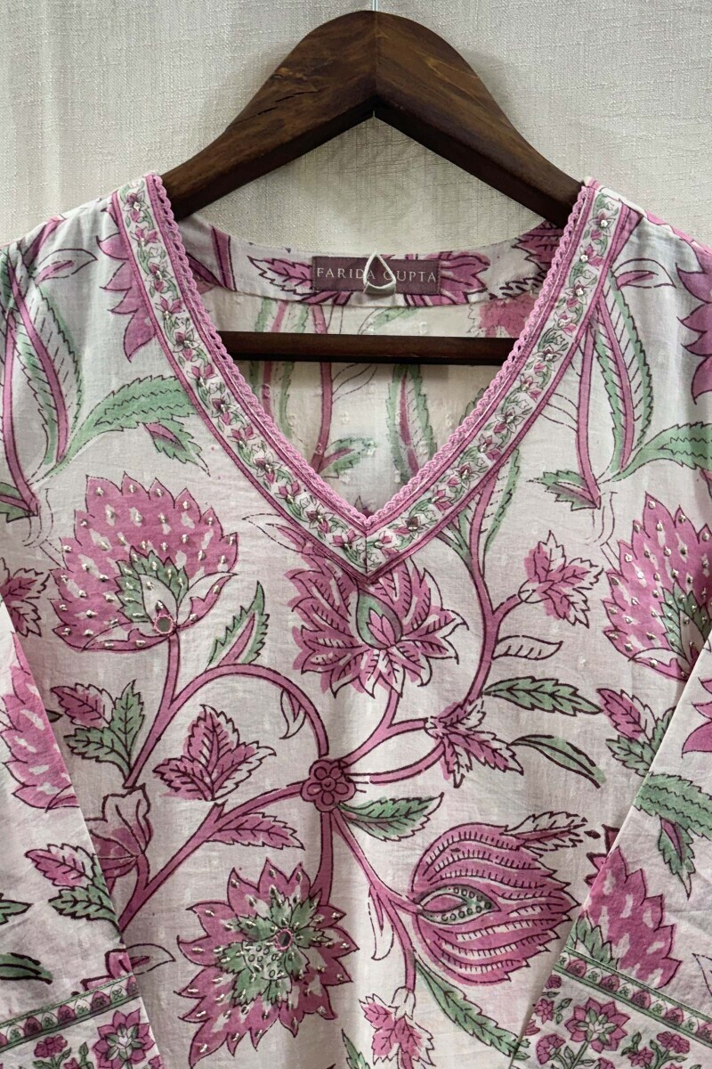 White Hand Block-Printed Straight Cotton Kurta
