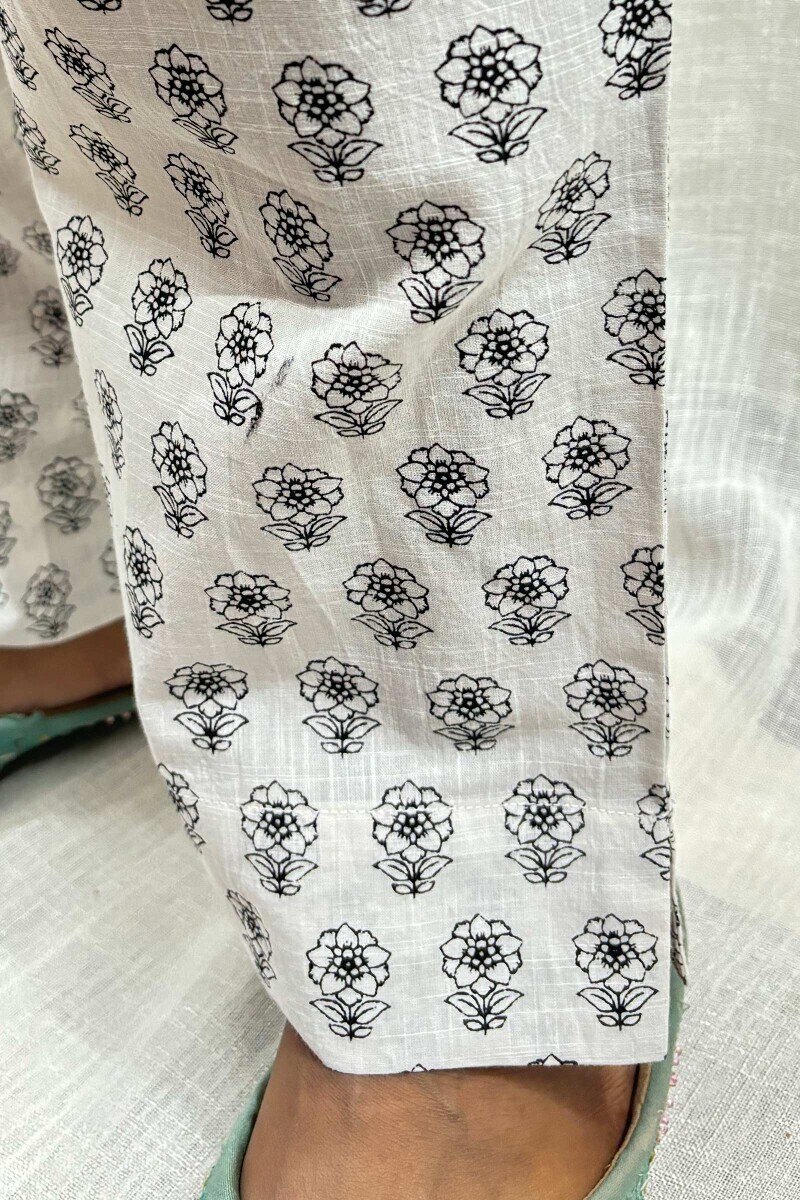 White Hand Block-Printed Cotton Slub Narrow Pants