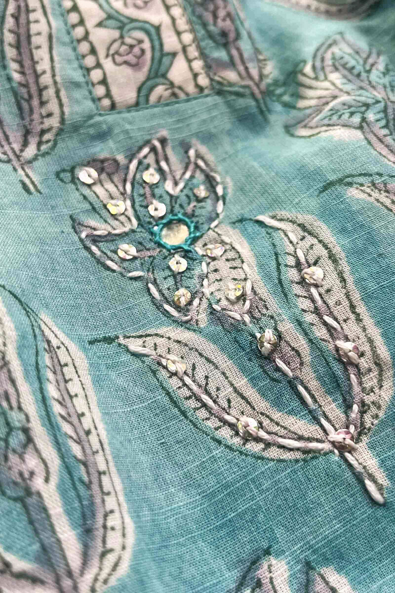 Blue Hand Block-Printed Straight Cotton Slub Kurta