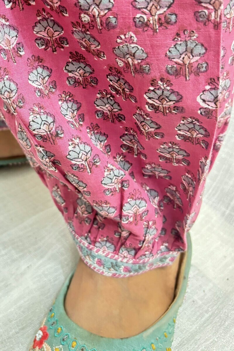 Pink Hand Printed Cotton Slub Izhaar Pants