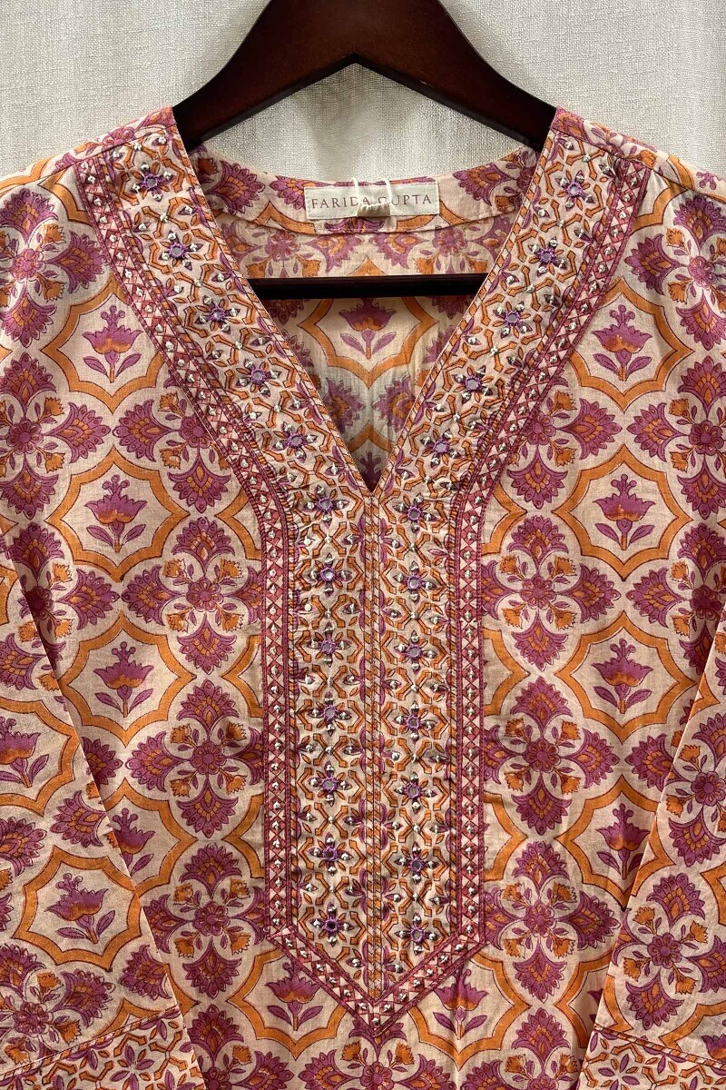 Cream Hand Block-Printed Straight Kurta