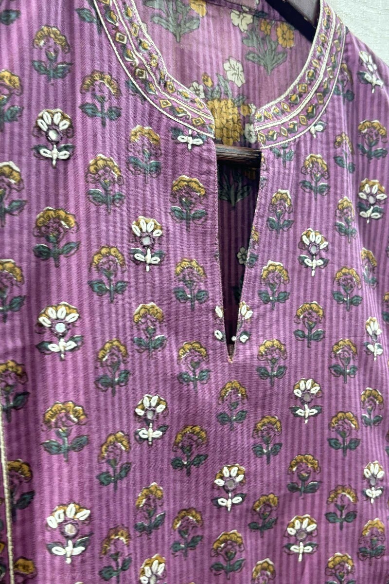 Purple Hand Printed Straight Cotton Dobby Kurta