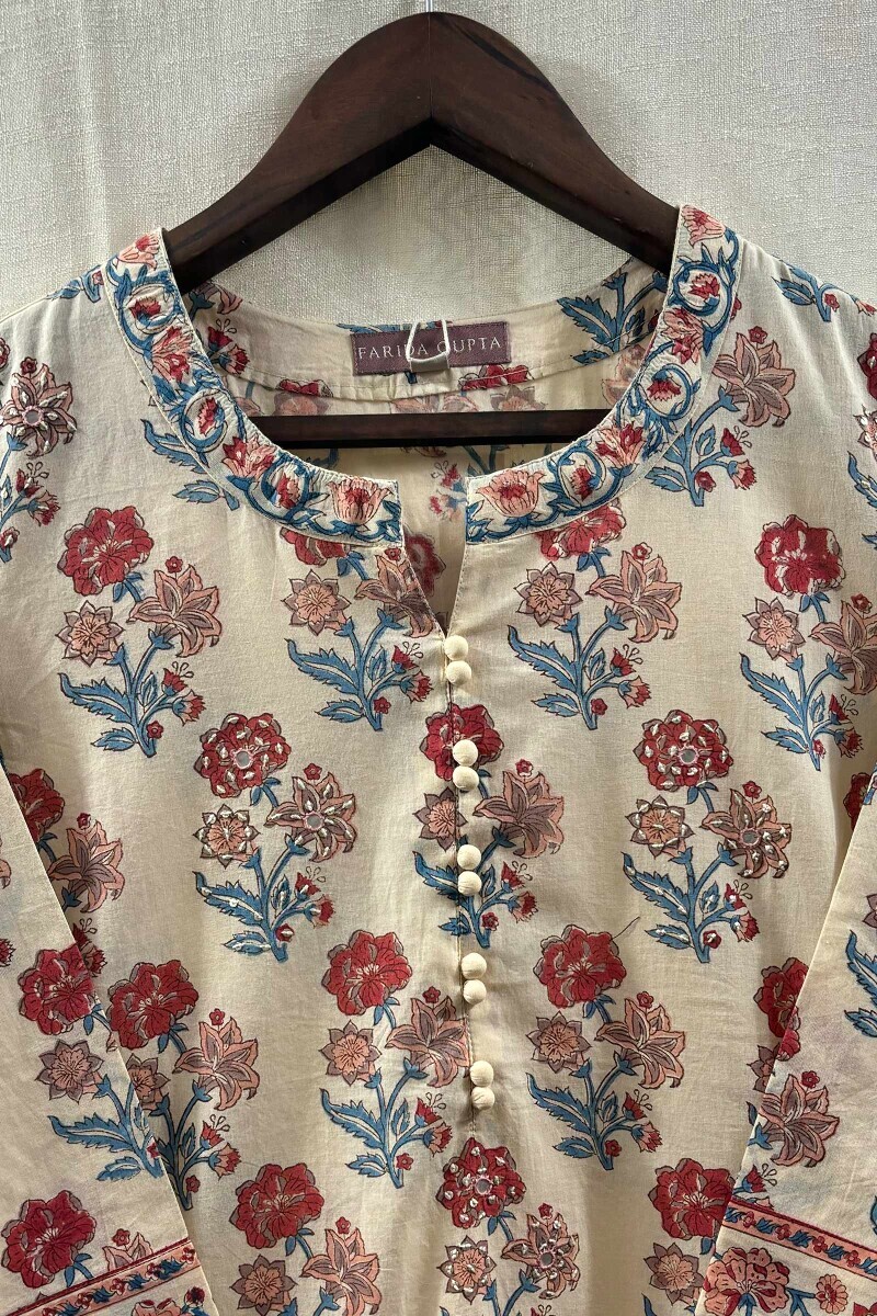 Cream Hand Printed Straight Cotton Kurta