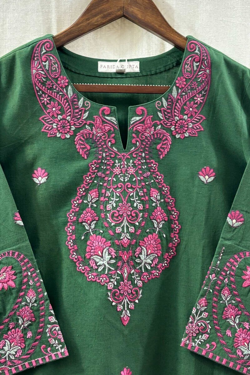 Green Handcrafted Cotton Straight Kurta