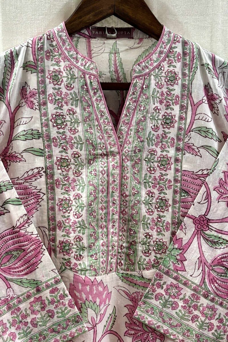 White Hand Block-Printed Straight Cotton Kurta