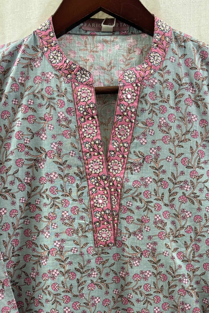 Blue Hand Printed Straight Cotton Slub Kurta