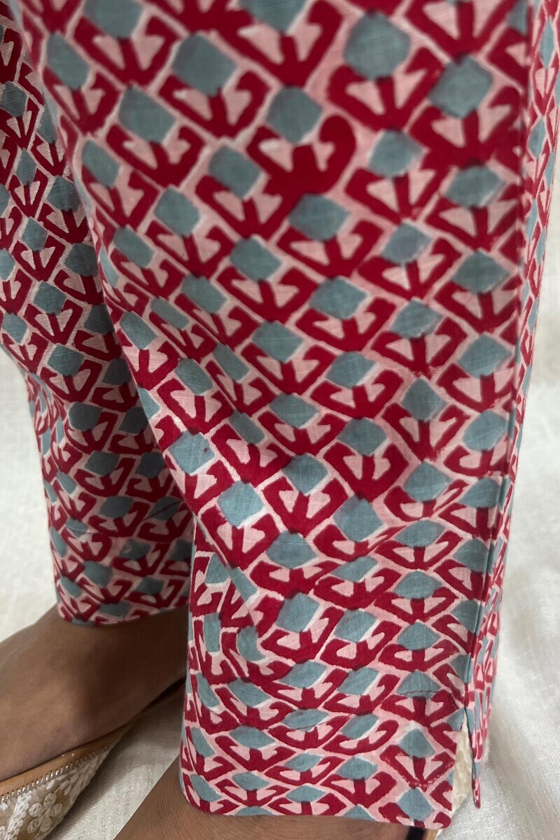 Red Hand Block-Printed Cotton Narrow Pants