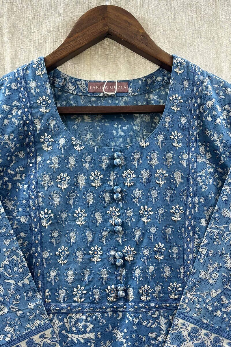 Indigo Hand Block-Printed Straight Cotton Kurta