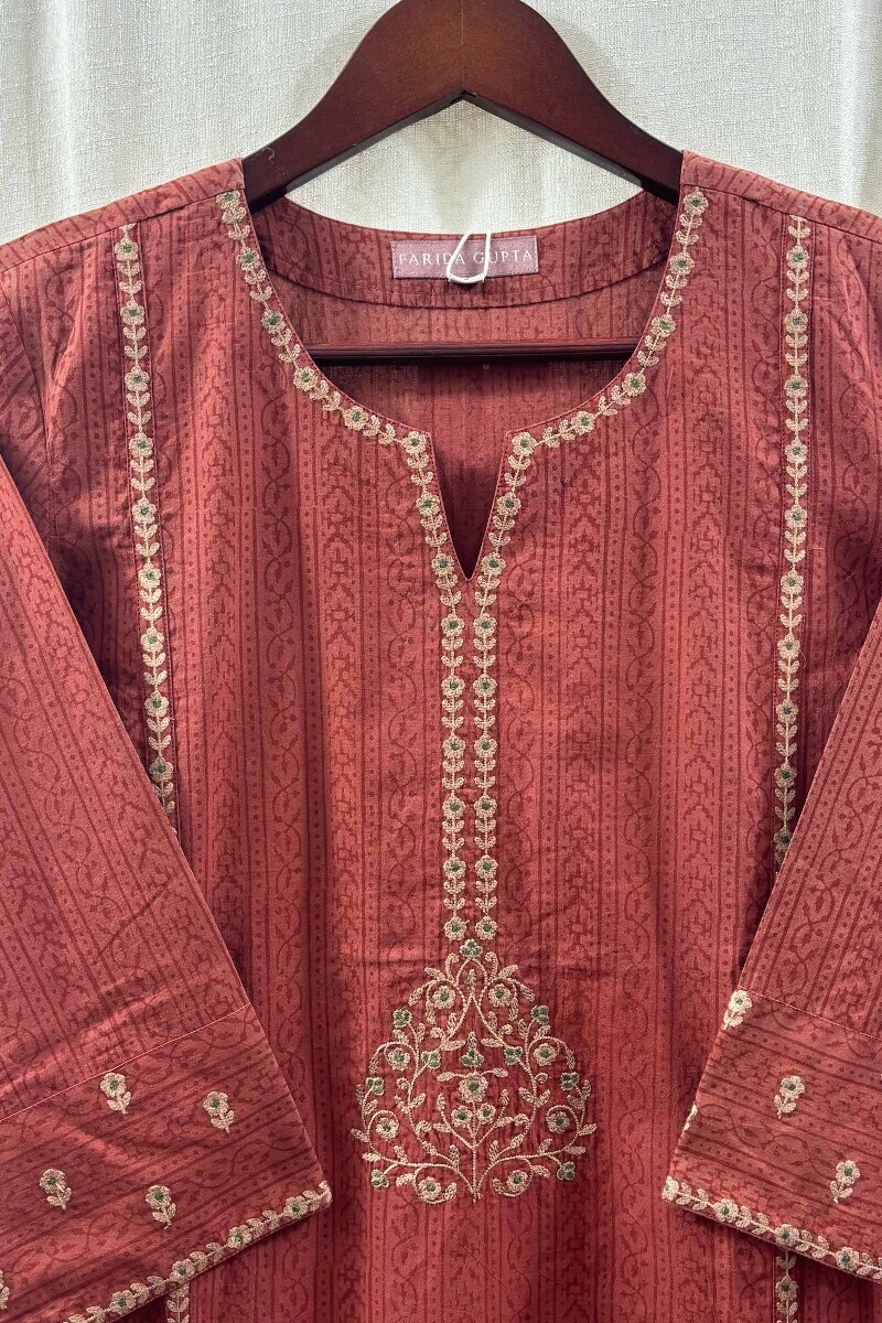 Red Hand Block-Printed Straight Cotton Kurta