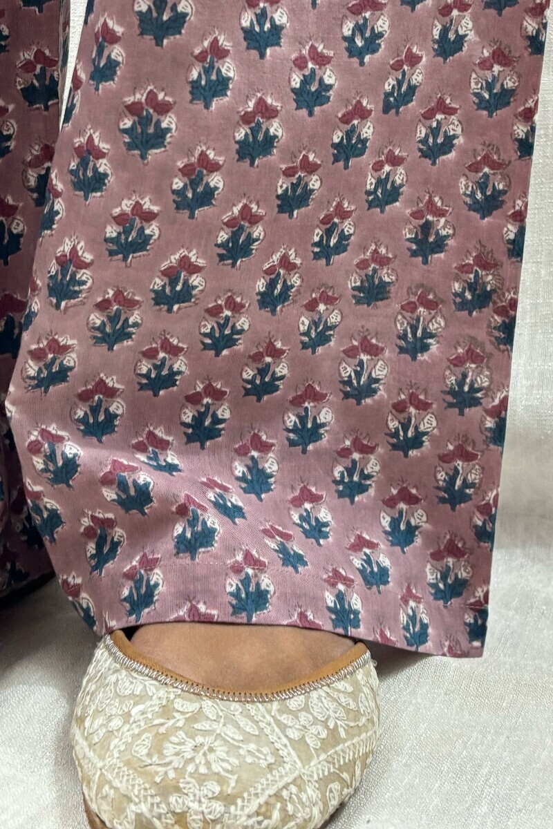Mauve Hand Block-Printed Cotton Straight Farsi