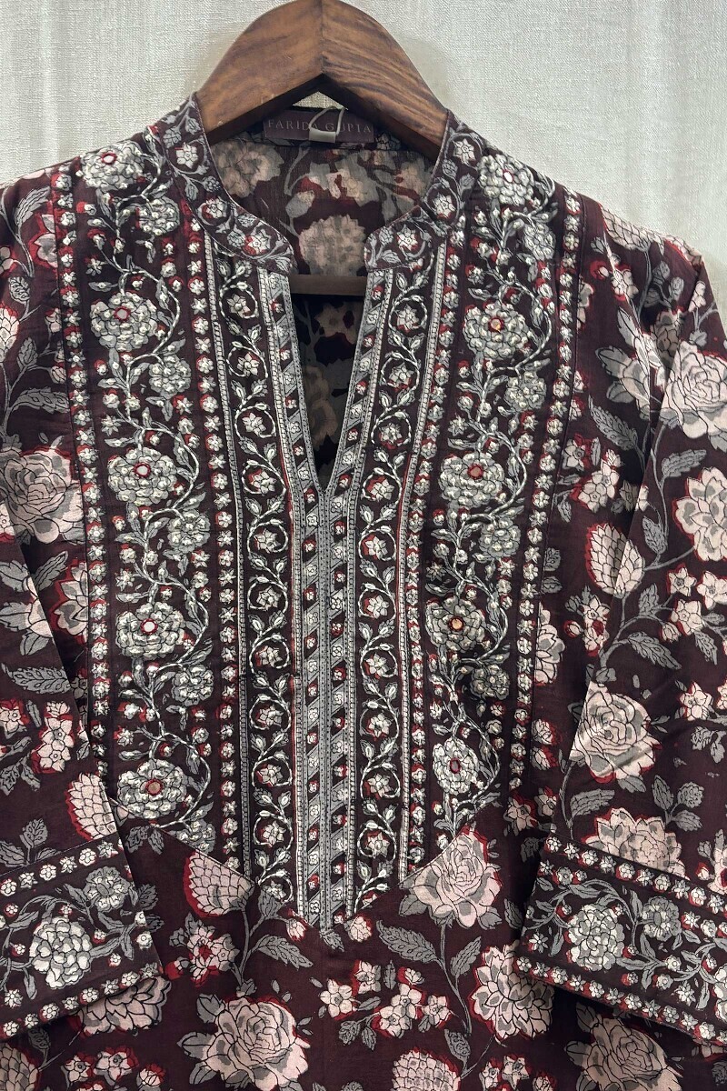 Brown Hand Block-Printed Kurta