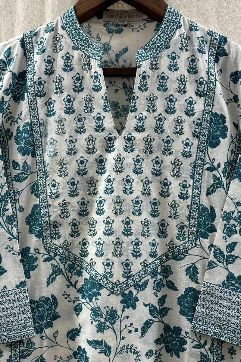 White Hand Printed Straight Cotton Slub Kurta