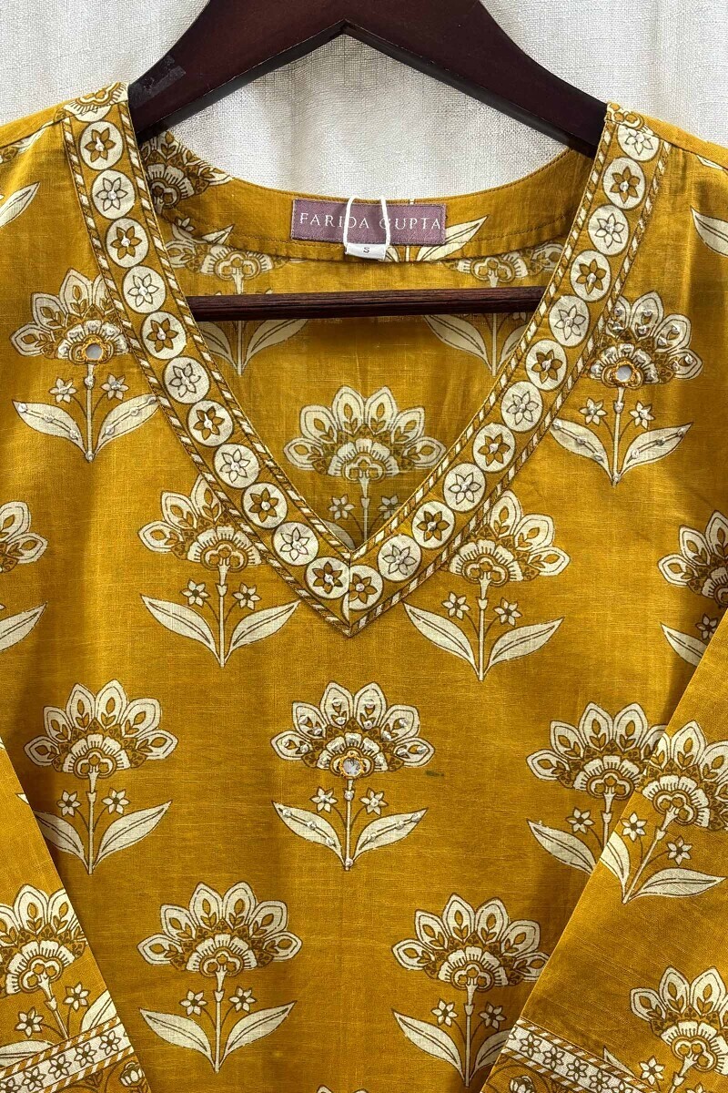 Mustard Hand Screen-Printed Kurta