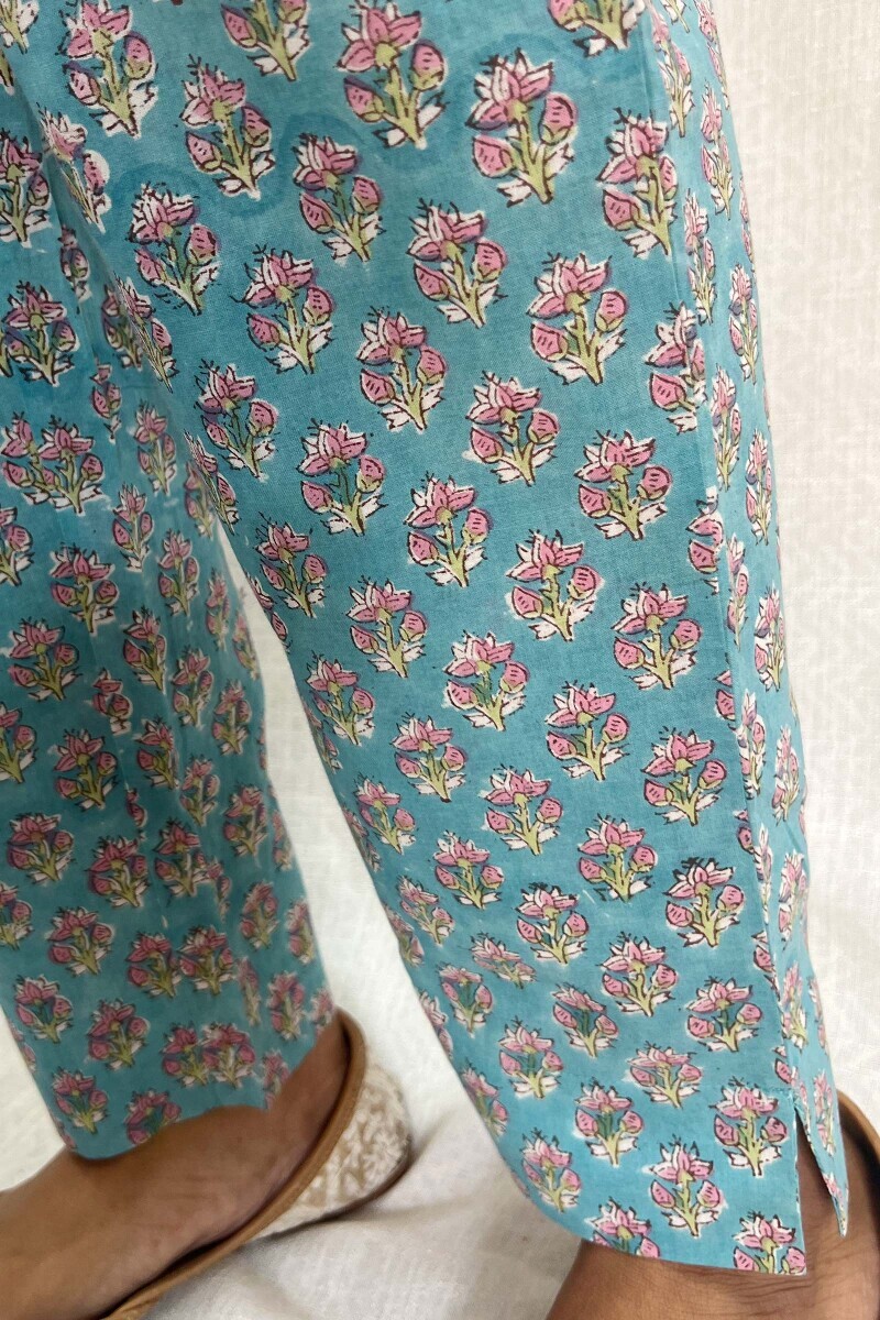 Blue Hand Block-Printed Cotton Narrow Pants