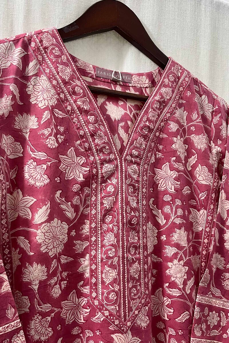 Pink Hand Block-Printed Straight Cotton Kurta