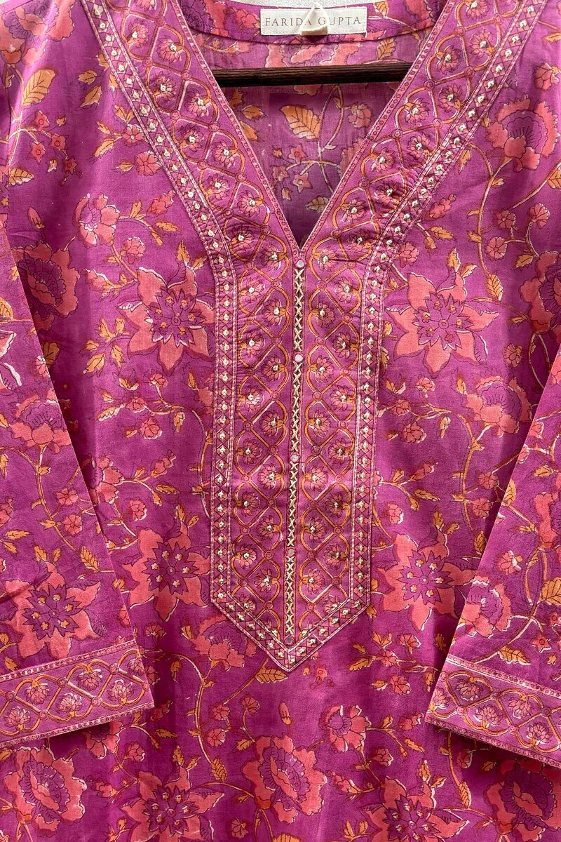 Purple Hand Block-Printed Straight Cotton Kurta