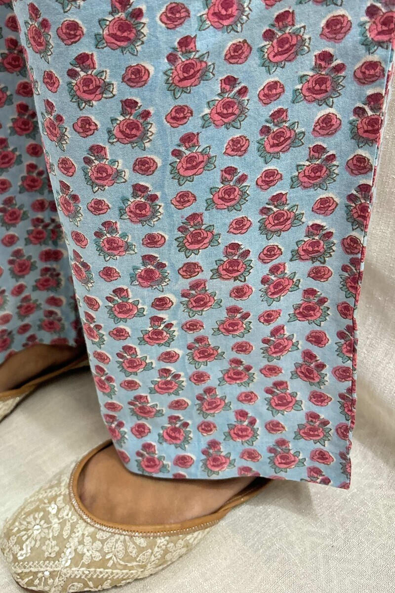 Blue Hand Block-Printed Cotton Straight Farsi