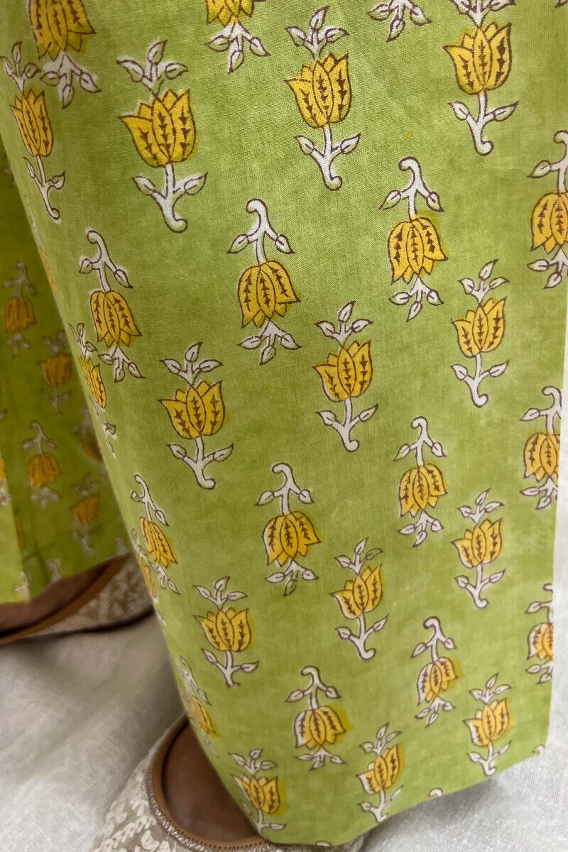 Green Hand Block-Printed Cotton Straight Farsi