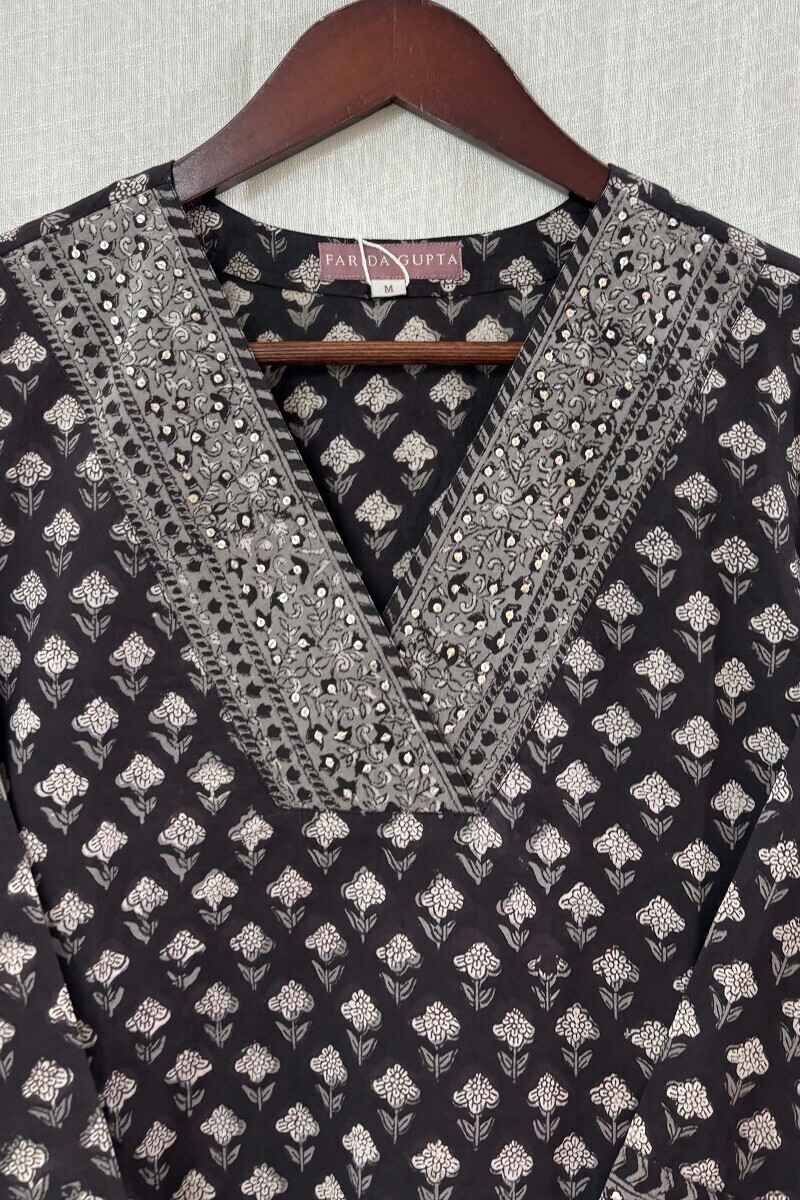 Black Hand Block-Printed Cotton Top