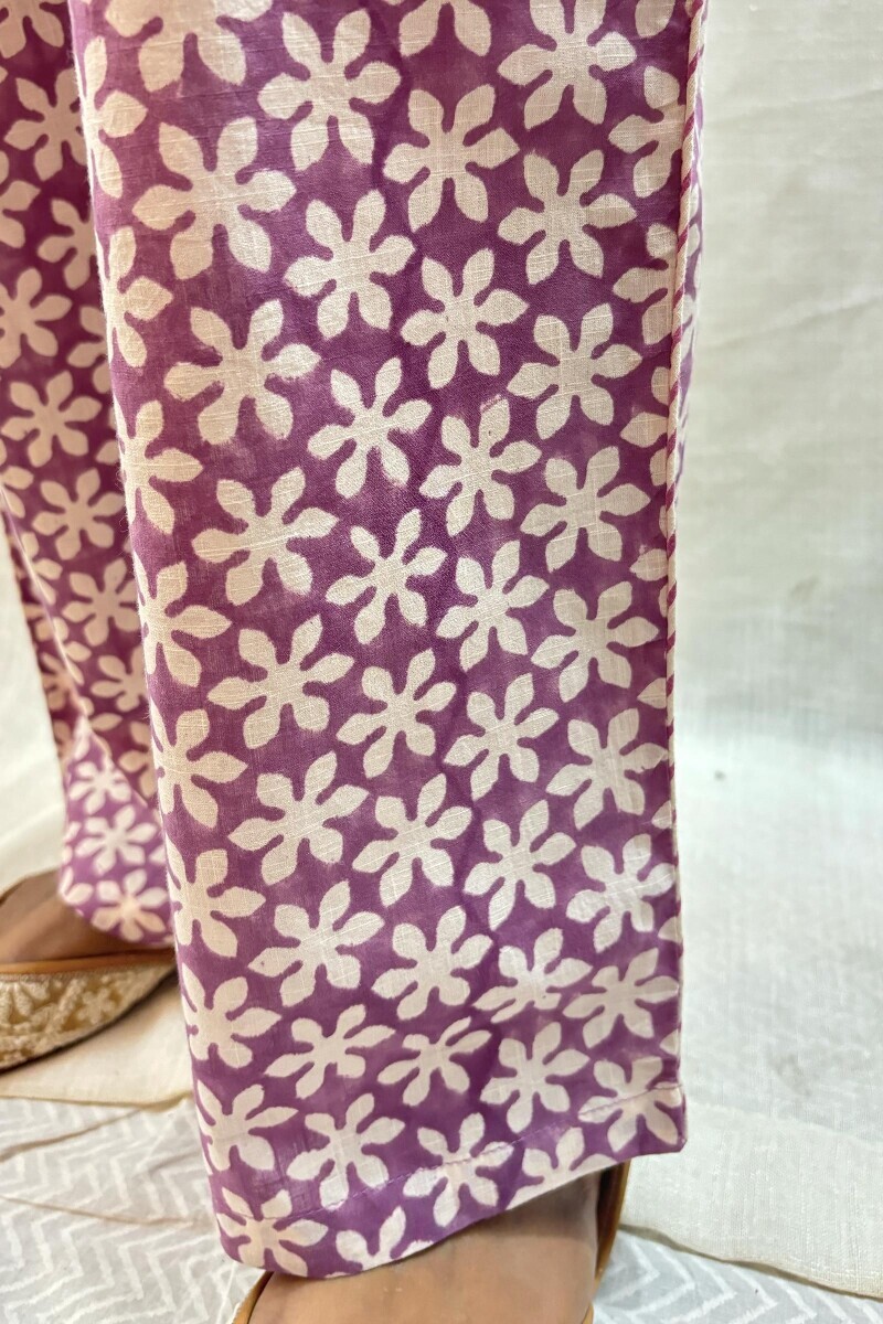 Purple Hand Block-Printed Cotton Slub Straight Farsi