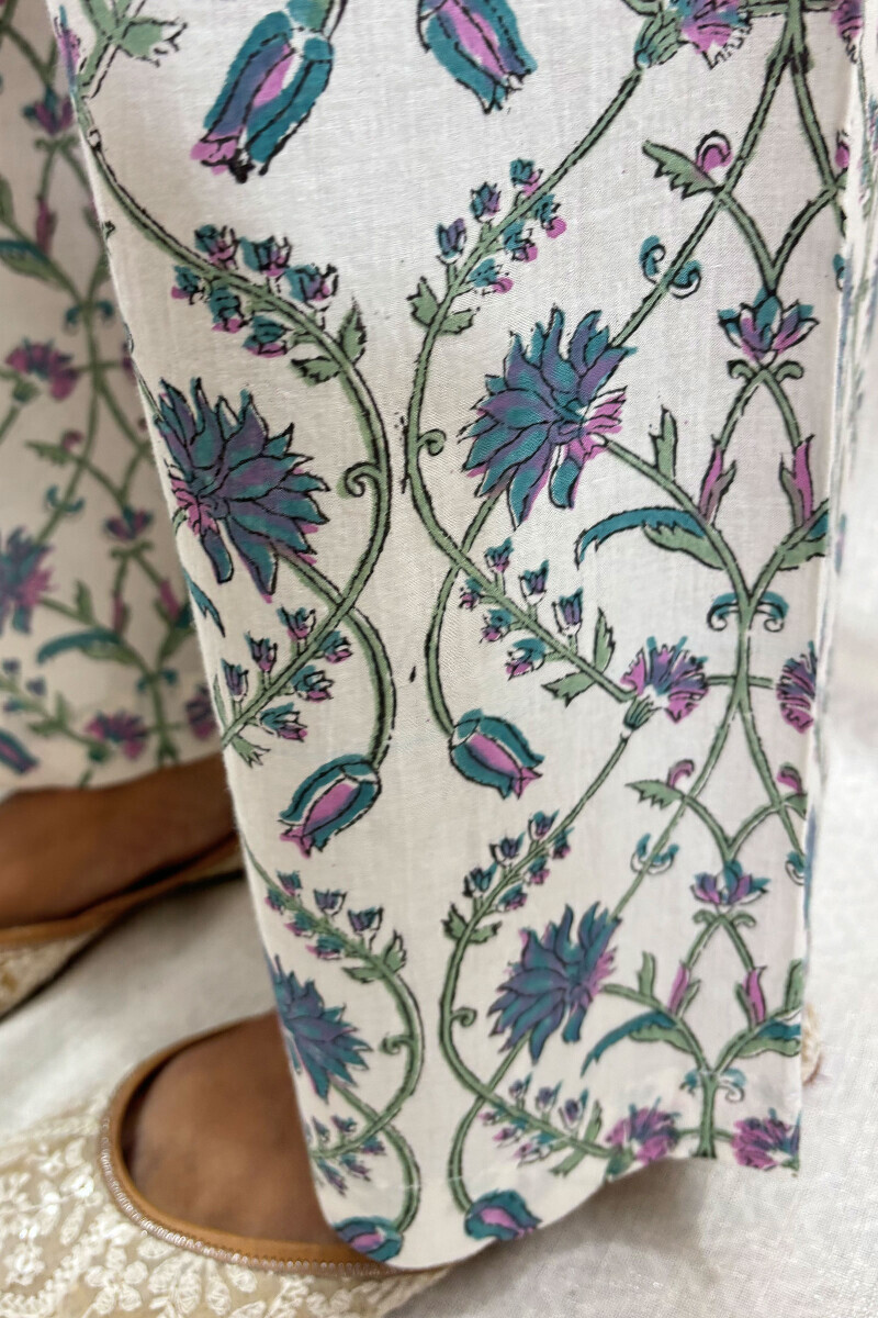 White Hand Block-Printed Cotton Straight Farsi