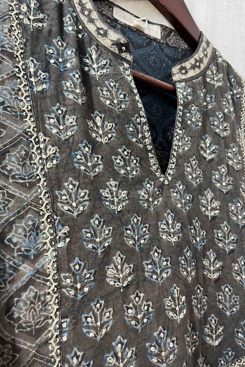 Grey Hand Block-Printed Kurta
