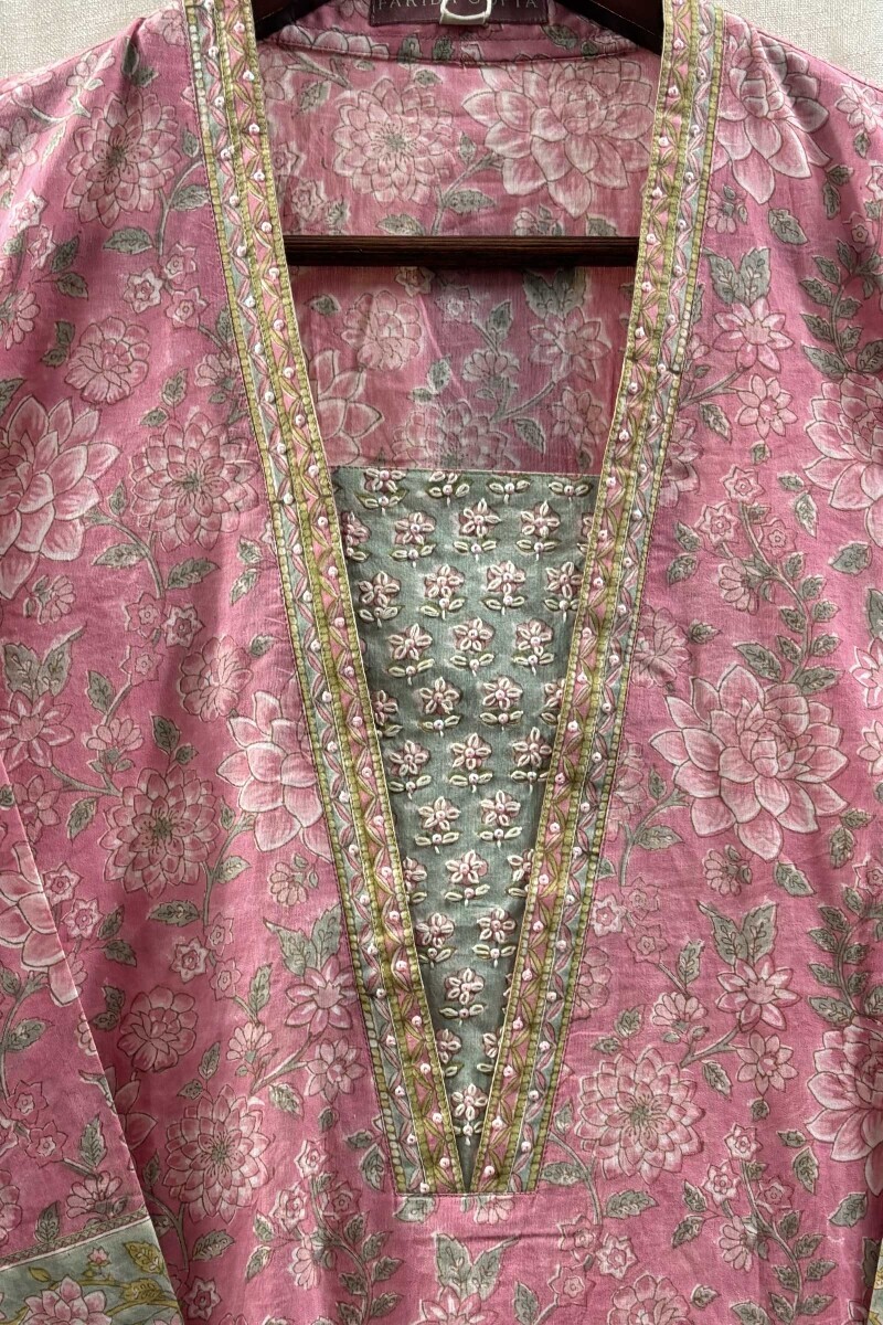 Pink Hand Block-Printed Straight Cotton Kurta