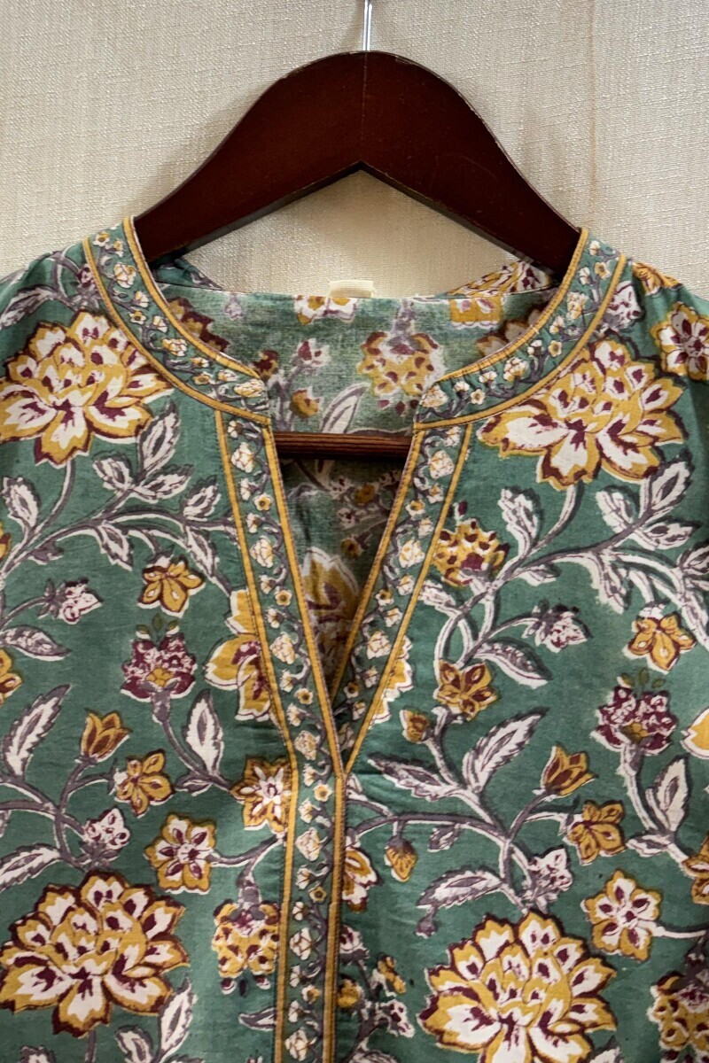 Green Hand Block-Printed Cotton Top