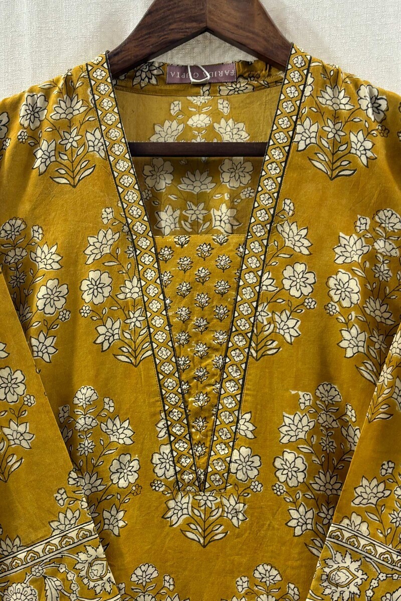 Mustard Hand Block-Printed Straight Viscose Kurta