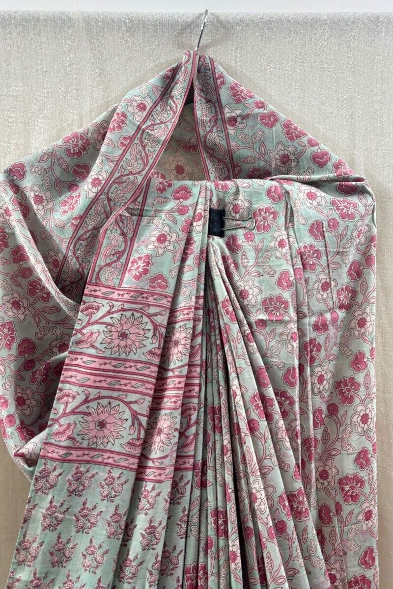 Blue Hand Block-Printed Saree