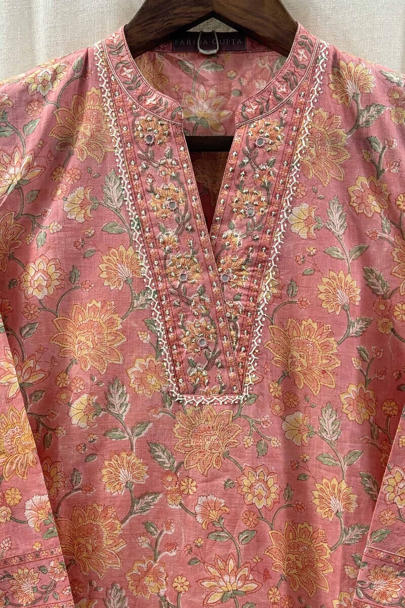 Peach Hand Block-Printed Straight Cotton Kurta