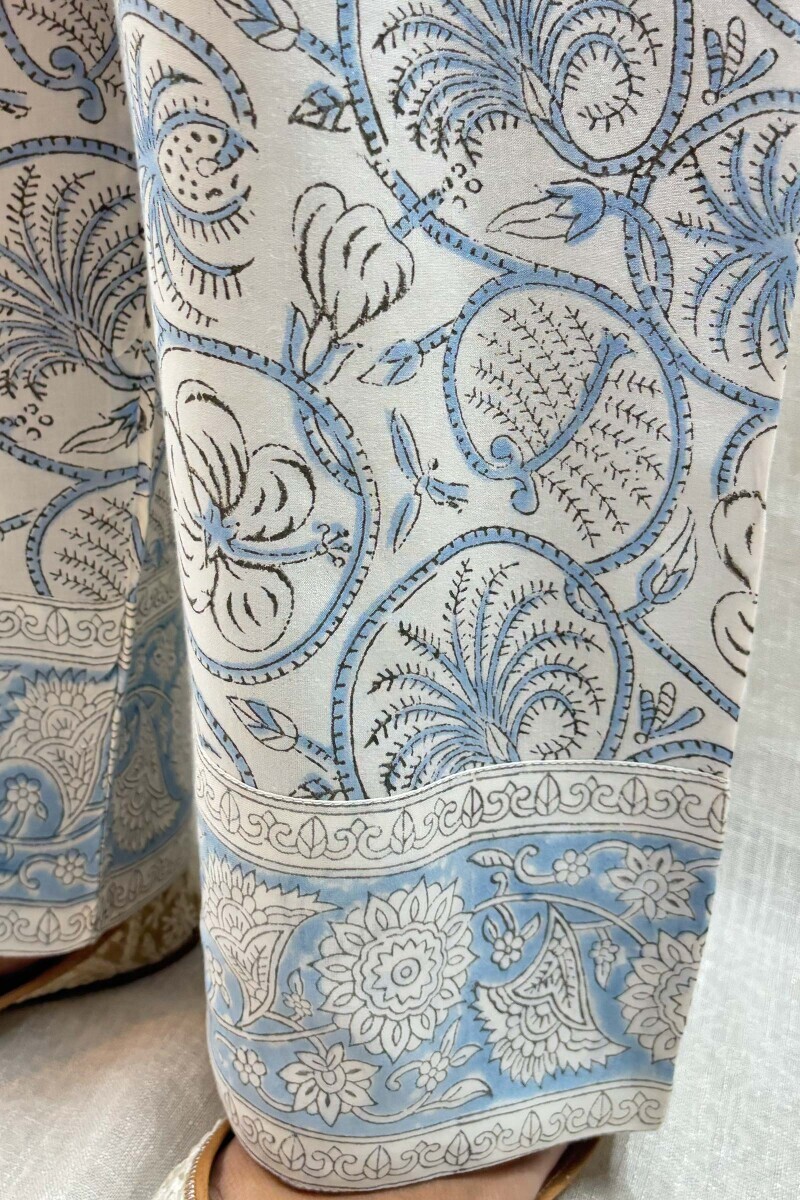 White Hand Block-Printed Cotton Straight Farsi