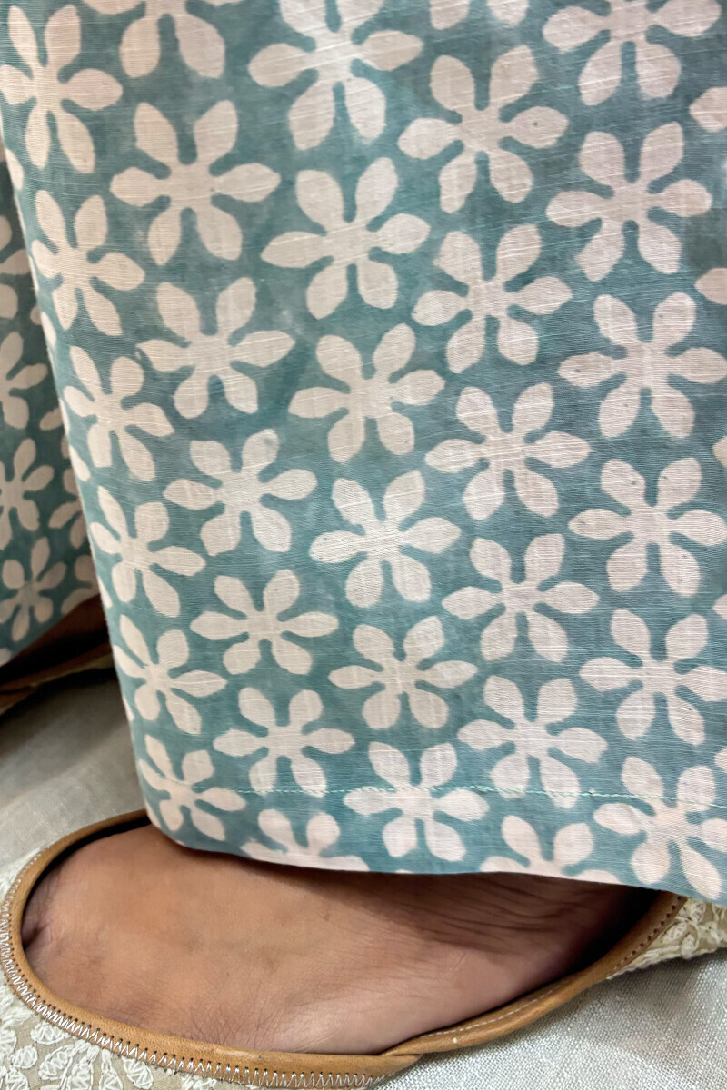 Blue Hand Block-Printed Cotton Slub Straight Farsi