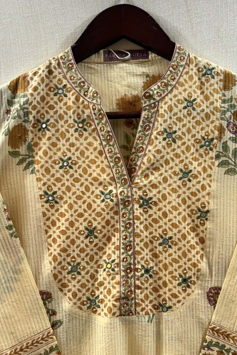 Yellow Hand Block-Printed Straight Cotton Dobby Kurta