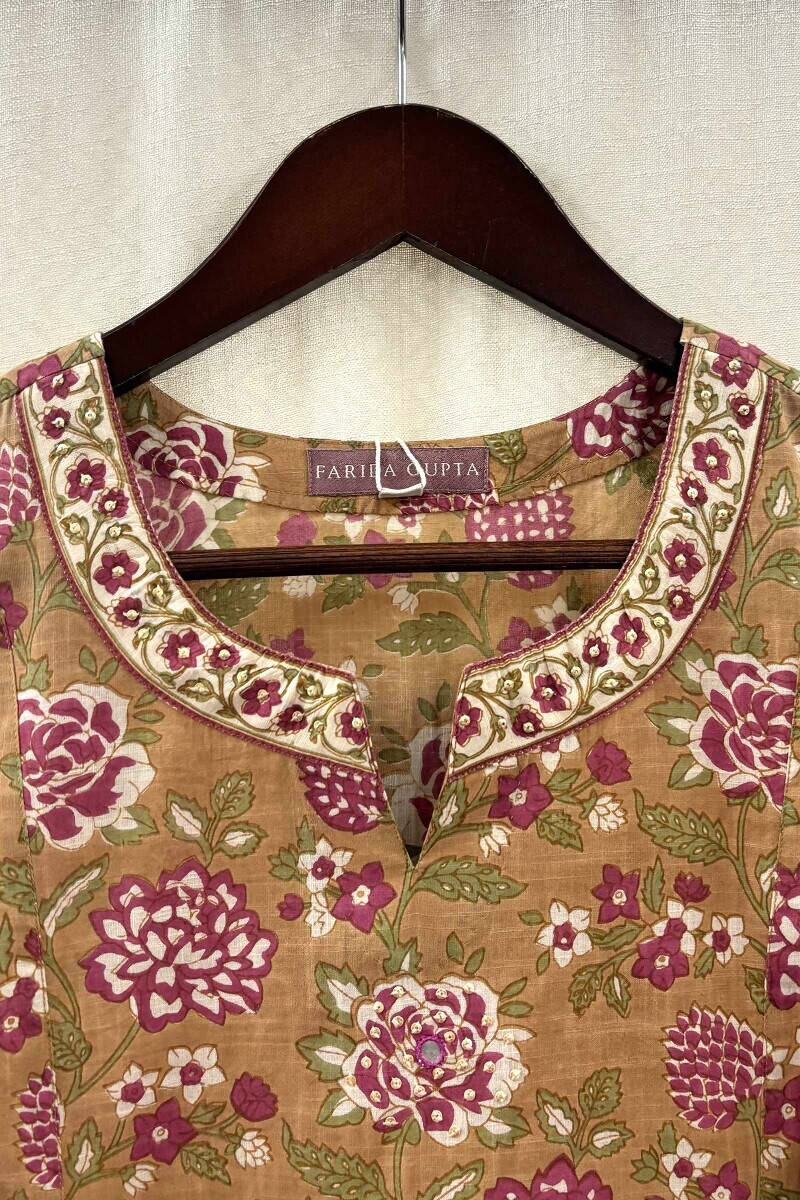 Mustard Hand Printed Cotton Slub Straight Kurta
