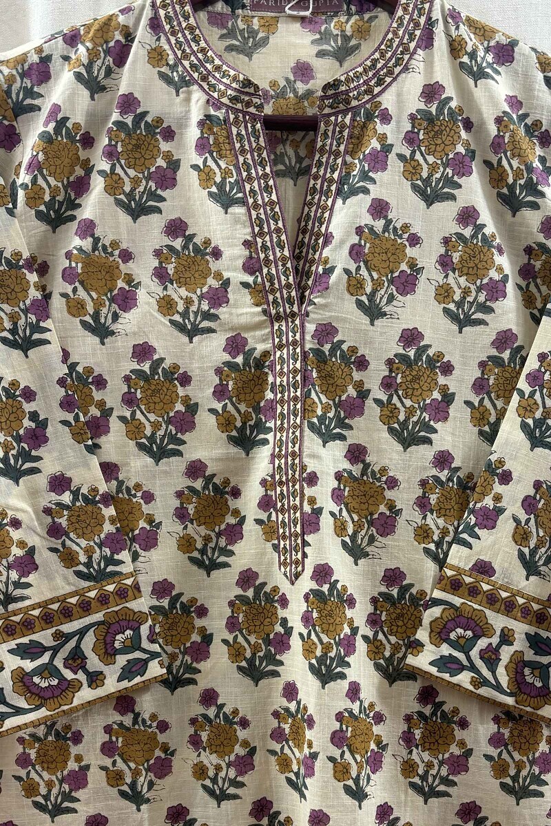 Cream Hand Printed Kurta
