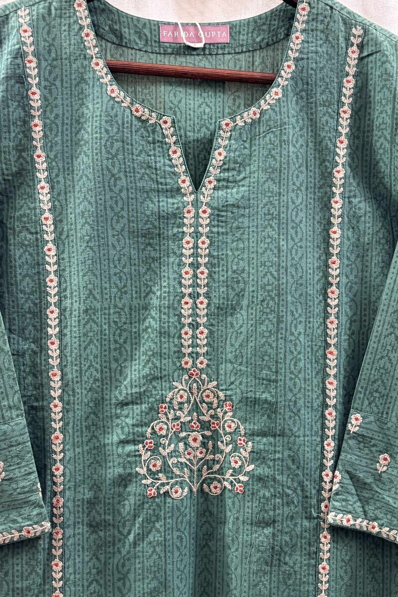 Green Hand Block-Printed Cotton Straight Kurta