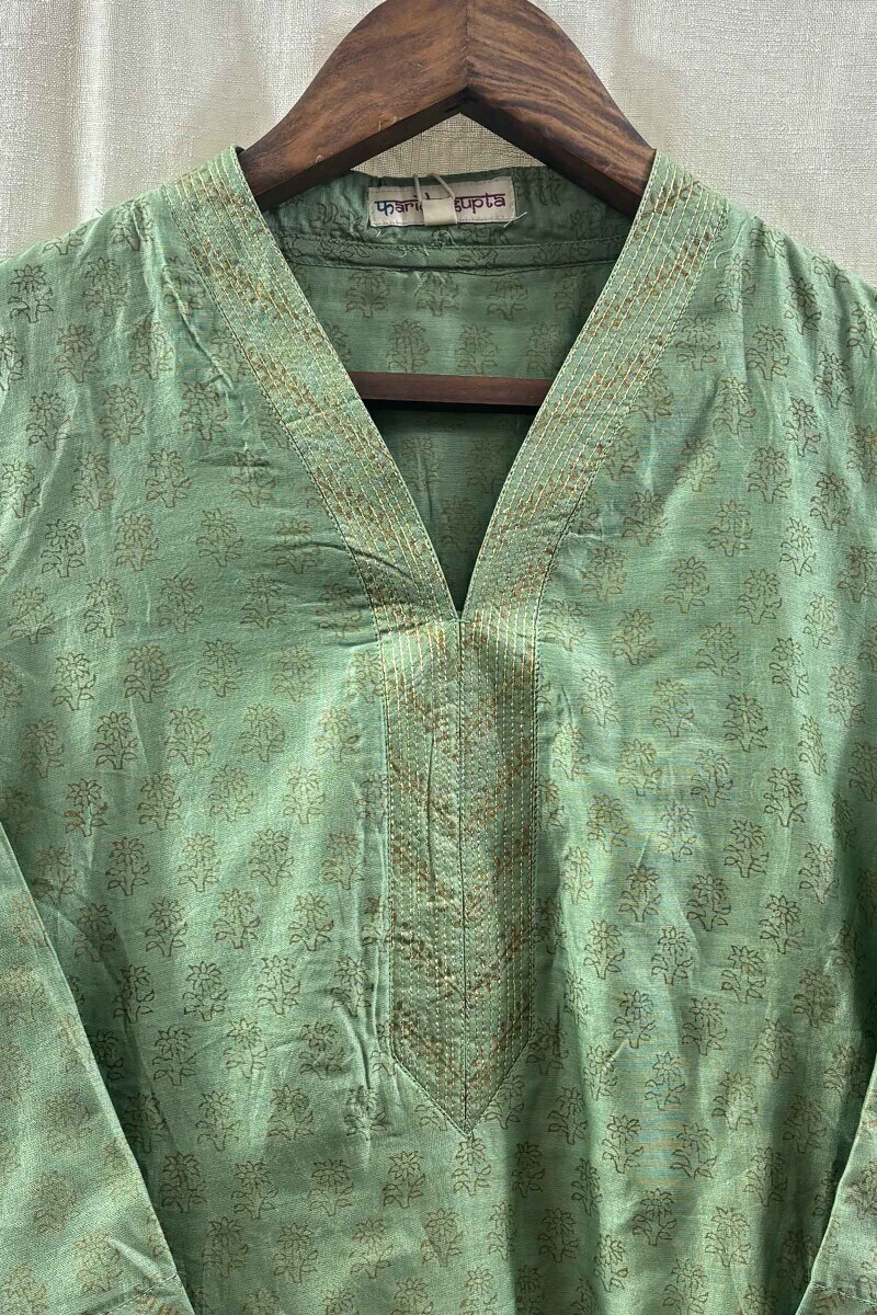 Green Hand Block-Printed Straight Chanderi Kurta