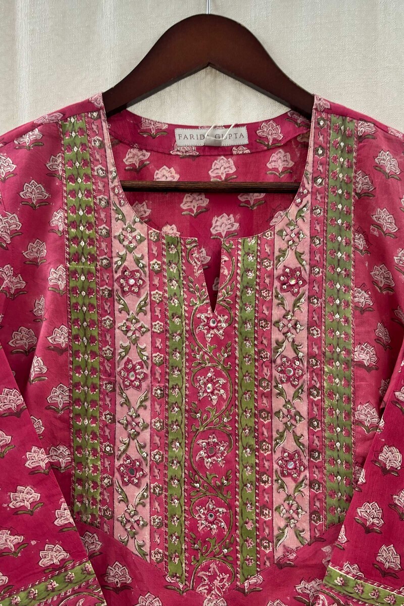 Pink Hand Block-Printed Straight Cotton Kurta